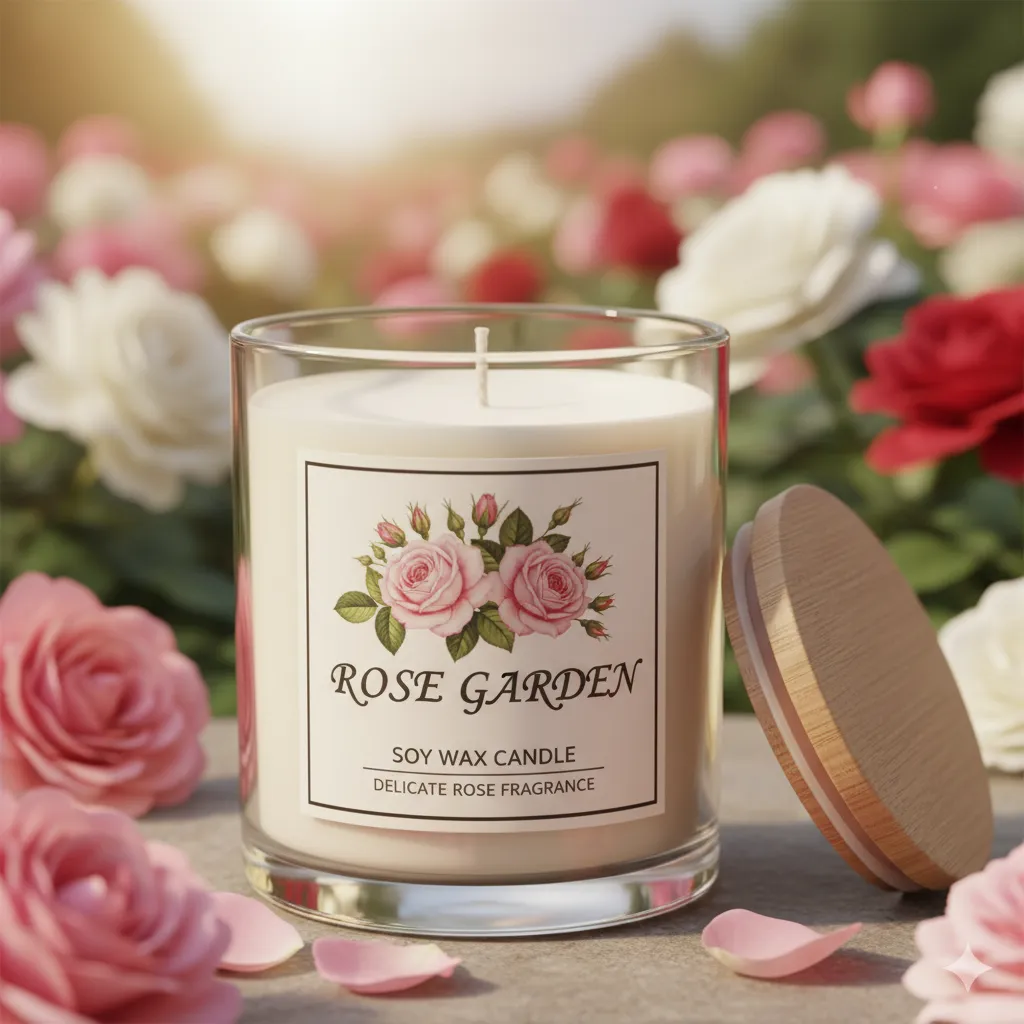 Rose Garden soy wax candle featuring delicate rose fragrance